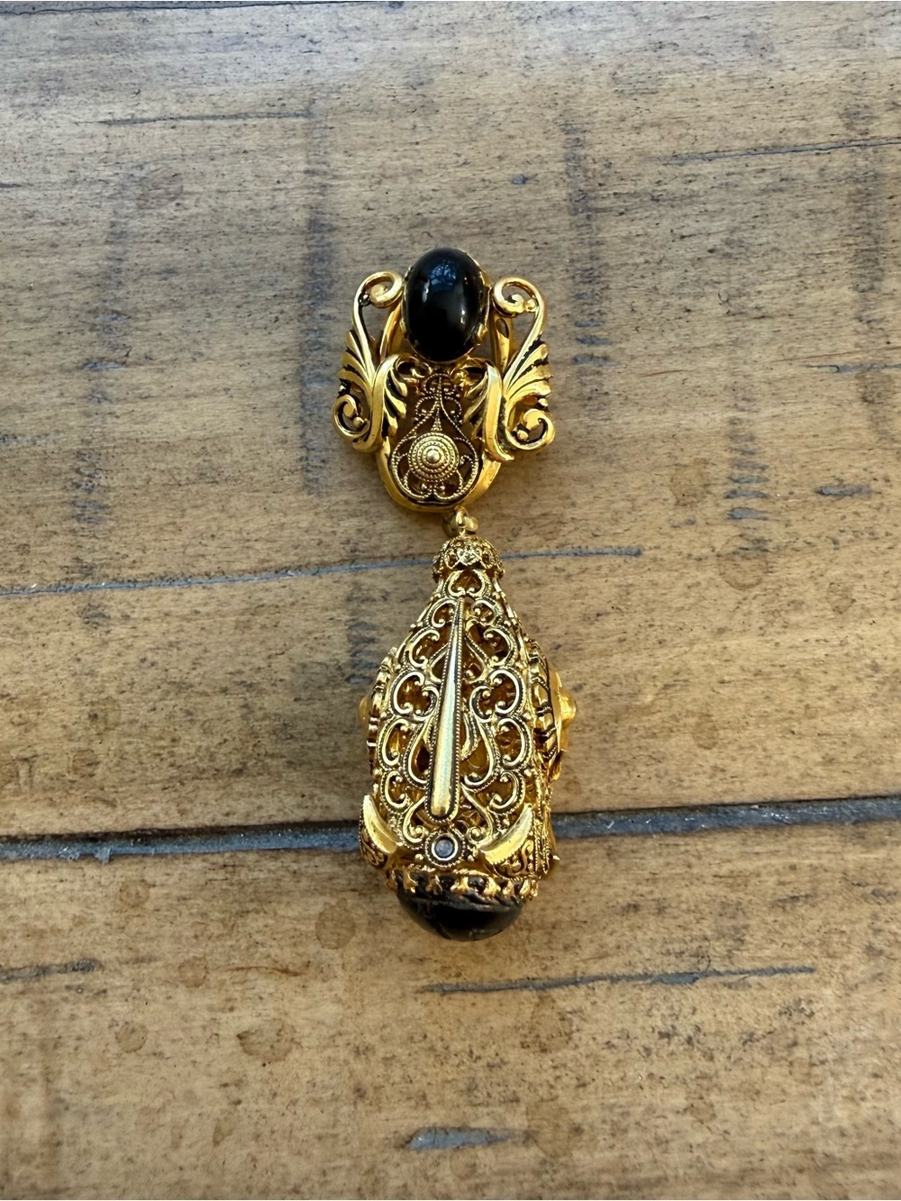 Gold Tone Vintage Filigree Drop Pendant with Black Stone - Women Jewelry